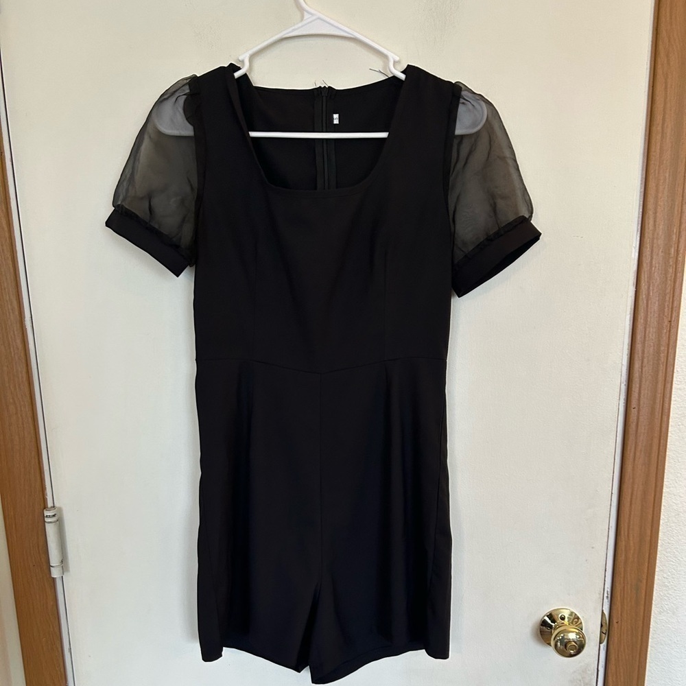 Shein Small little black romper with sheer puff sleeve